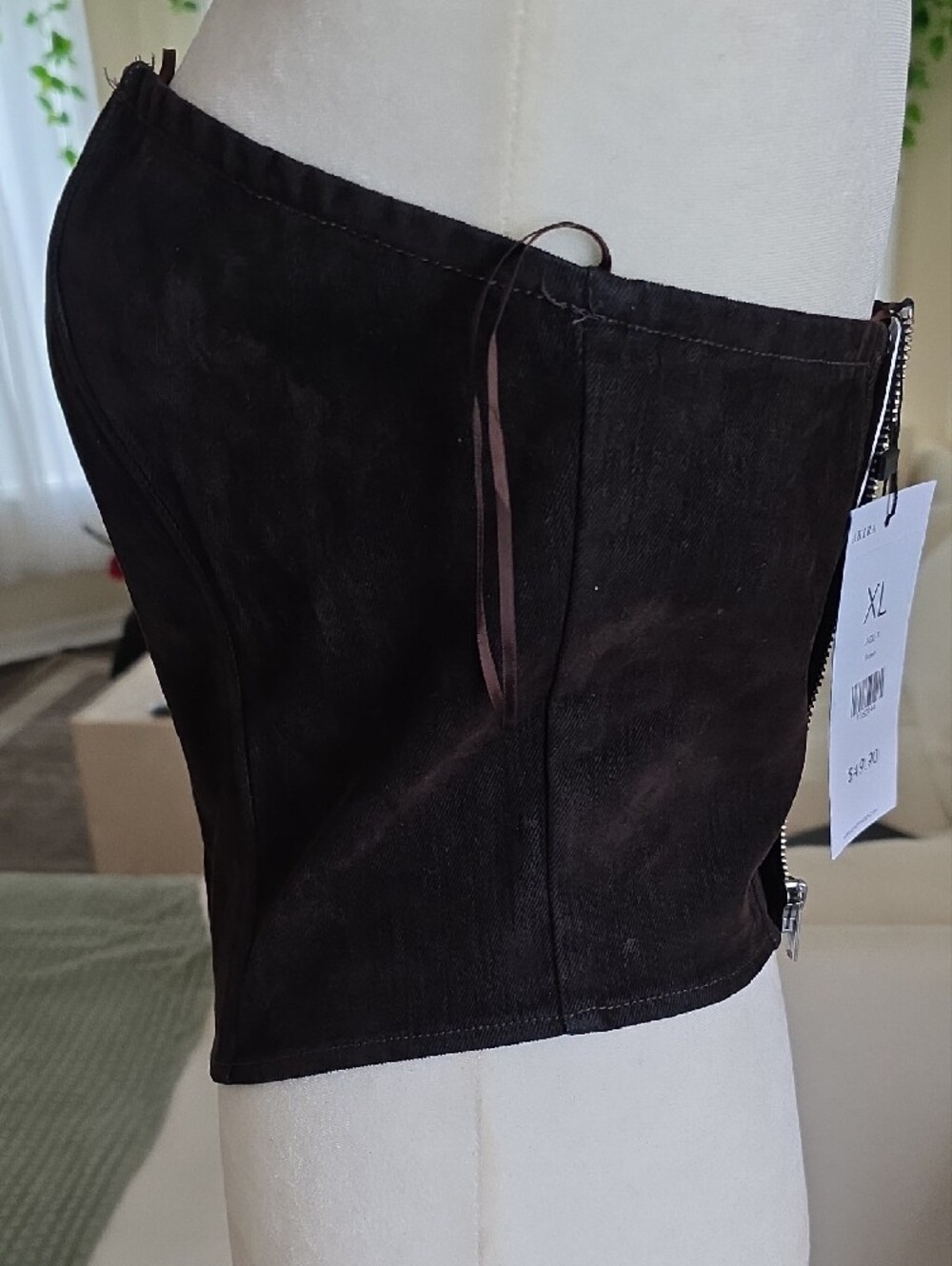 AKIRA Brown Strapless Denim Canvas Sheer Corset Top - Picture 3 of 5